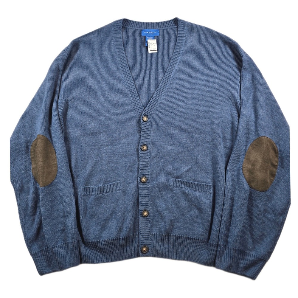 Vintage Towncraft Cardigan Sweater Mens 3XL Blue Elbow Patch Grandpa NOS NEW